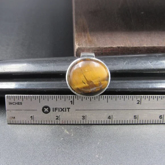 Size 7 Sterling Silver Round Tiger's Eye Stone Band Ring Vintage - Picture 7 of 8